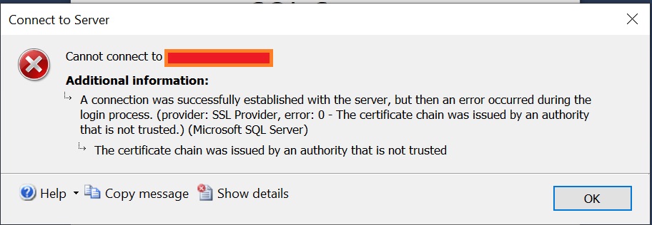 Solve SQL Server error provider: SSL Provider, error: 0 - No